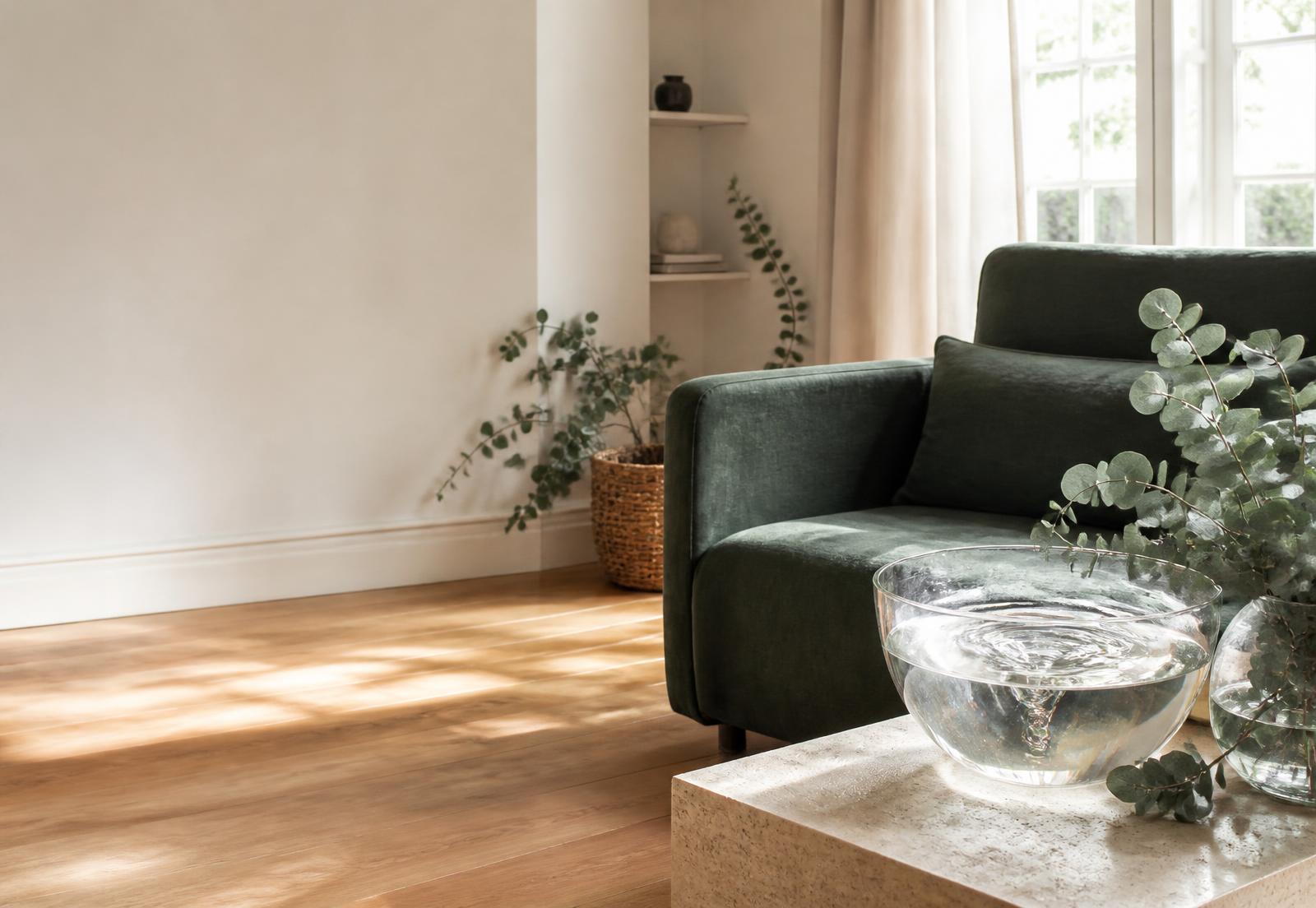 Helles Wohnzimmer mit grünem Sessel und einer Schale frischem Wasser